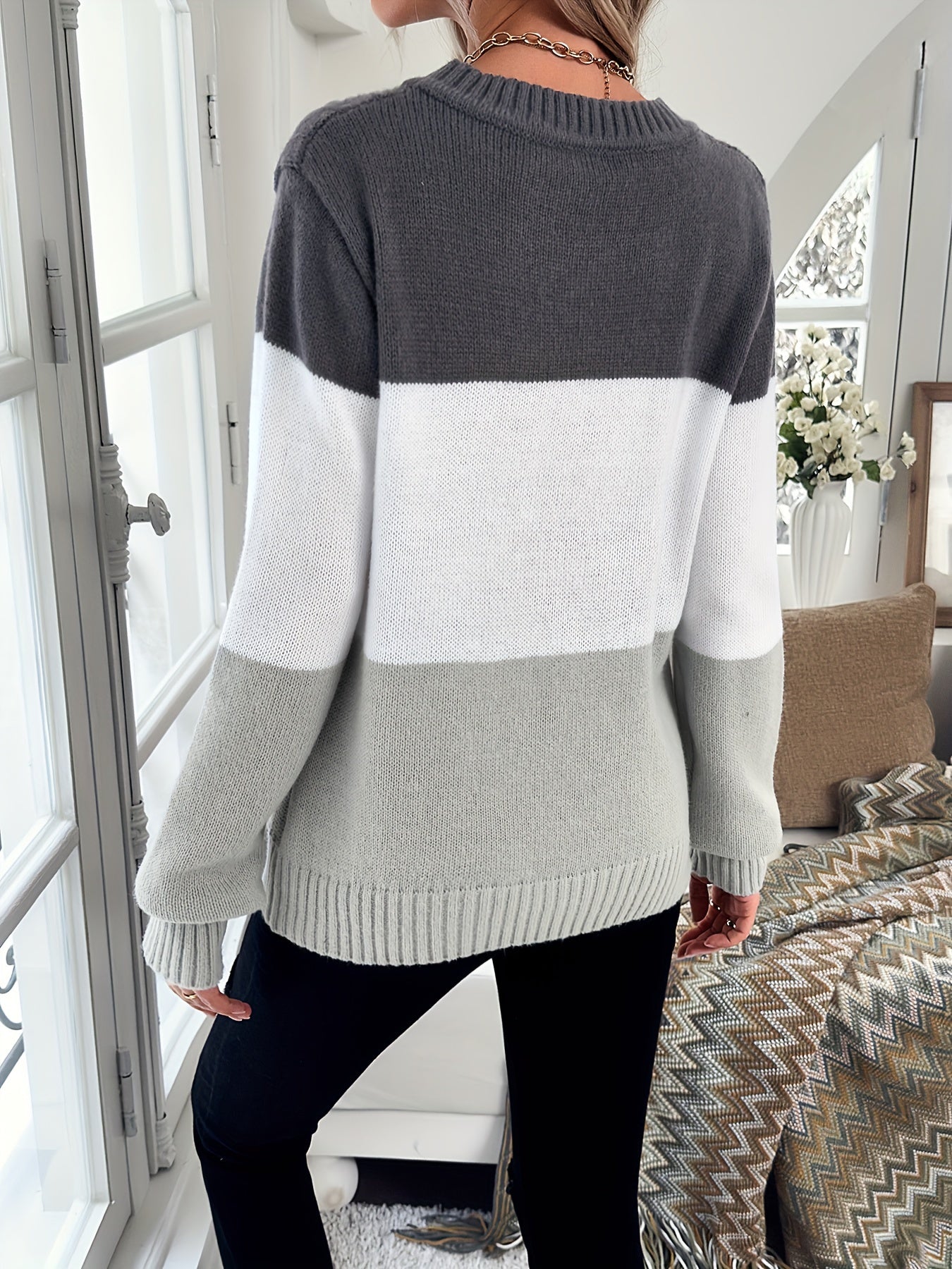 Autumn/Winter Rhombus Color Block Knit Sweater – Women's Elegant Long Sleeve Round Neck Pullover
